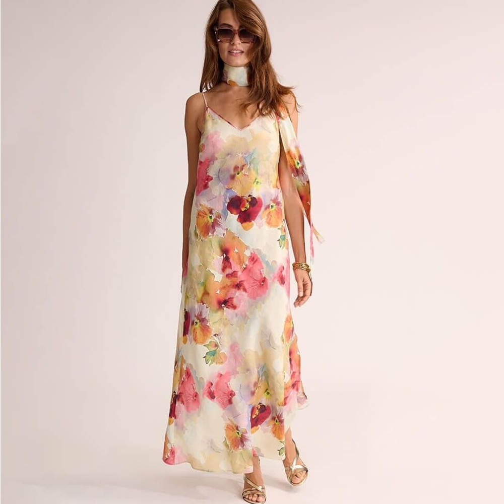 Elegant Linen Floral Watercolor Maxi Dress
